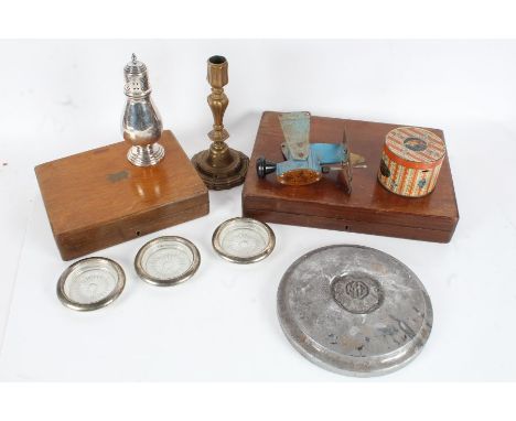 Mixed items, to include two cutlery boxes, 19th century brass candlestick, silver plated castor, Golden Dog jigsaw etc., (qty