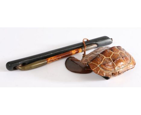 Japanese tobacco box and pipe, the box from a terrapin shell with signed lid, and pipe within the case