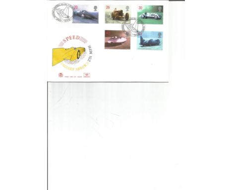 FDC Speed Golden Arrow 231 MPH c/w set of five commemorative land speed stamps , double PM Speed Donald Campbell 1921-1967, H
