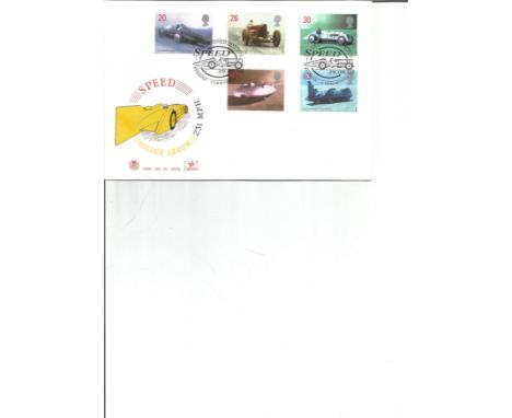FDC Speed Golden Arrow 231 MPH c/w set of five commemorative land speed stamps , double PM Speed Sir Donald Campbell , Pendin
