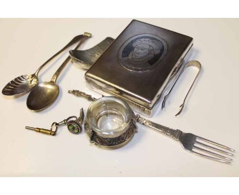 SELECTION OF SILVER AND SILVER PLATED ITEMS
including spoons, a fork, planished pewter spoon, salt cellar, sugar nips, watch 
