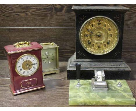 TWO CARRIAGE CLOCKS, MANTLE CLOCK AND AN ONYX DESK TIDY