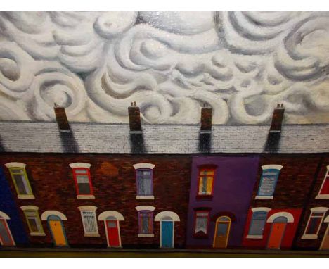 SIMON THOMAS BRAIDEN,
THE TERRACE
acrylic on canvas, signed 
81cm x 195cm (excluding frame)
Framed
Overall fair condition - c