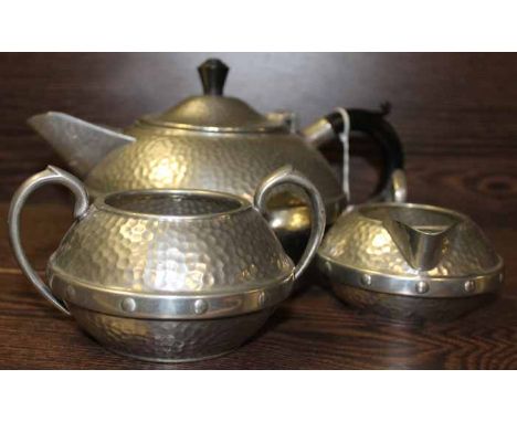 HAND BEATEN THREE PIECE PEWTER TEA SERVICE
