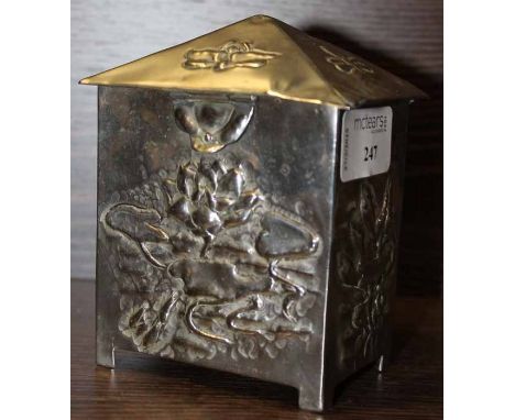 ART NOUVEAU EMBOSSED TEA CADDY
in white metal, with embossed and planished waterlilly and dragon fly design, with poker work 