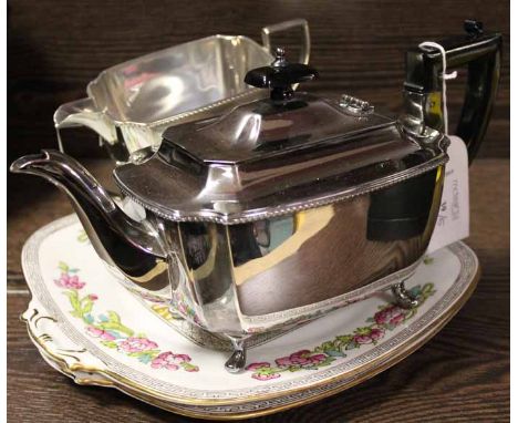 SILVER PLATED THREE PIECE TEA SERVICE
together with two Royal Staffordshire Indian tree pattern cake plates, plates 22cm wide