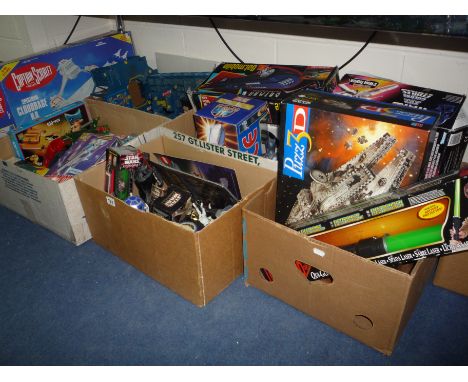 A QUANTITY OF BOXED AND UNBOXED MODERN FILM AND TV RELATED TOYS, Gerry Anderson, Star Wars, Batman etc (five boxes)