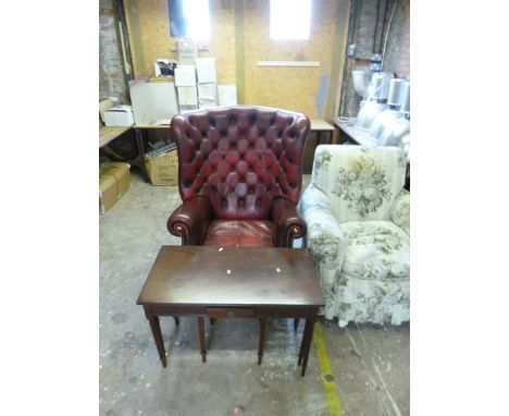 AN OXBLOOD BUTTON BACK ARMCHAIR, nest of three tables and a bedroom chair (3) (s.d.)