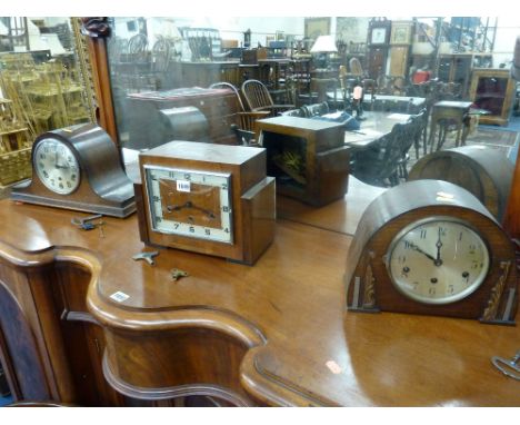THREE MANTLE CLOCKS, wall clock and a barometer (three pendulums and three keys) (5)