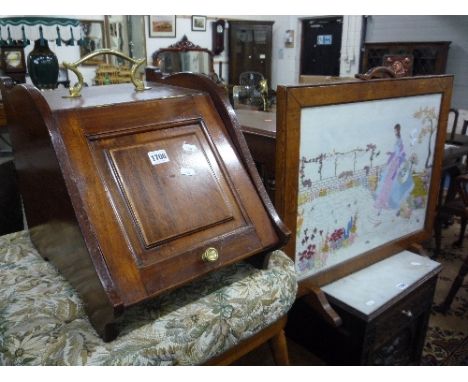 A MAHOGANY COAL BOX, (missing liner) and a firescreen (2)