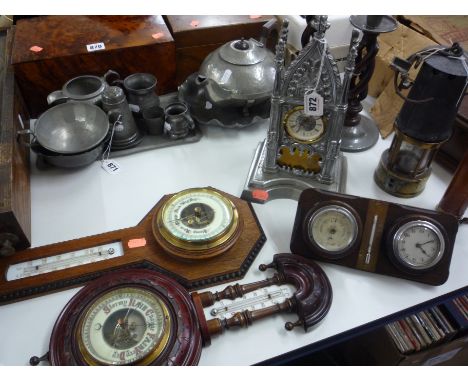 A NOVELTY MANTEL CLOCK, shaped as church tower, two barometers and a clock/barometer (4)