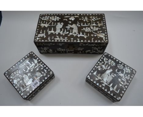 THREE MOTHER OF PEARL INLAID JEWELLERY BOXES, (3)