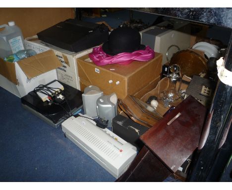 A QUANTITY OF SUNDRIES, to include bowler hat, wall clock, firescreen, clocks, 'House' light etc