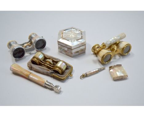 THREE PAIRS OF MOTHER OF PEARL MOUNTED OPERA GLASSES, and other similarly decorated items (parcel)