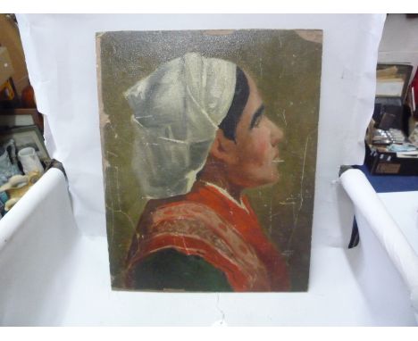 BERNARD, EMILE HENRI (1868-1941), portrait of a woman wearing a headscarf, oil on paper laid down, signed