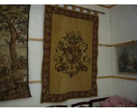 A TAPESTRY WALL HANGING, depicting crest/coat of arms, approximate size height 188cm width 130cm