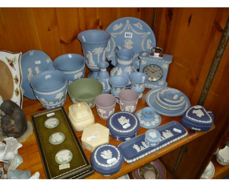 VARIOUS WEDGWOOD JASPERWARES, vases, plates, trinket, clock, boxes etc (s.d.)