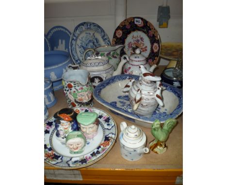 VARIOUS EARLY/LATER 19TH CENTURY CERAMICS, to include Parian teapot (s.d.), Bacchus mask jug, Staffordshire money box heads e