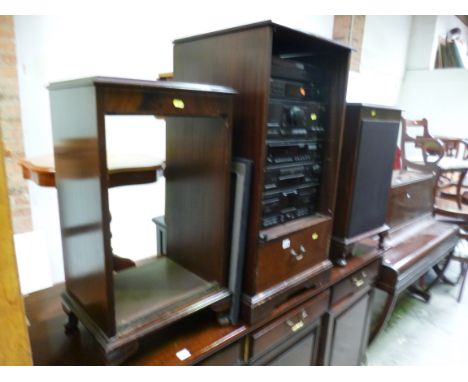 A MODERN MAHOGANY RECORD CABINET, and two speaker cases containing a Technics hi-fi (no speakers) (4)