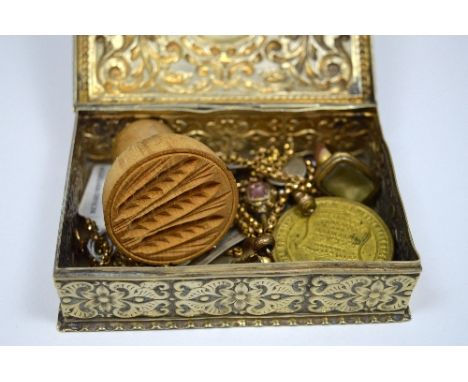 A SMALL BOX OF MISCELLANEOUS, to include fobs, a necklace, trinket box etc