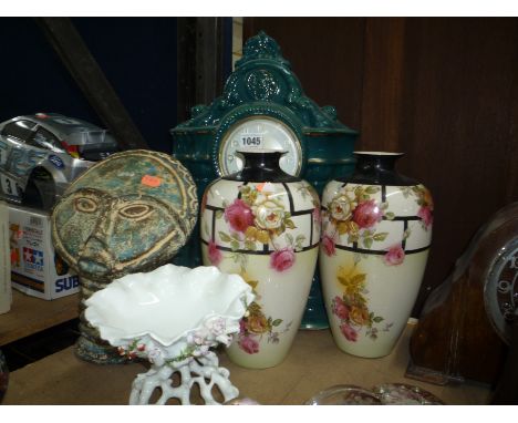 A PAIR OF GRIMWADES VASES, a large ceramic mantel clock and two other items (5)