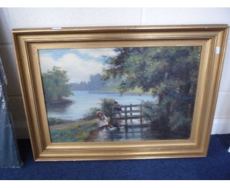ETHEL M. BROWN, boy and girl feeding ducks, oil on canvas, signed and dated lower left, 39cm x 60cm