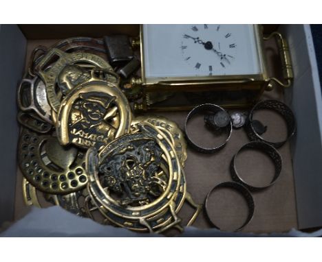 A BOX TO CONTAIN A CARRIAGE CLOCK, napkin rings etc