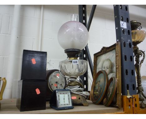 AN OIL LAMP CONVERTED TO ELECTRIC, two clocks, three pictures and two boxes for a tea caddy