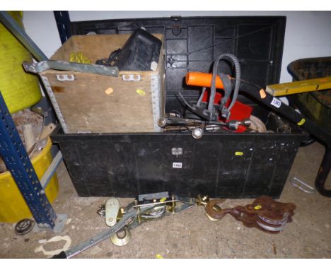 A TOOLBOX FULL OF RATCHET STRAPS, including car straps, a hand winch etc