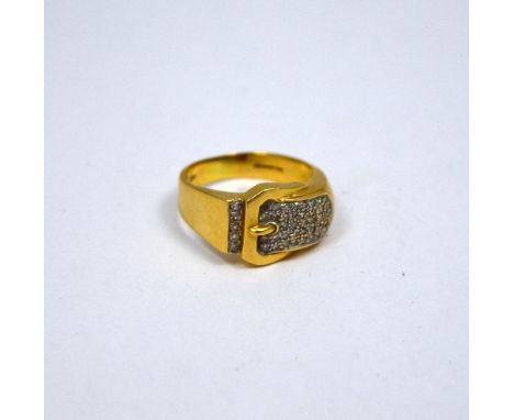 AN 18CT GOLD RING, with buckle shape and single cut diamond detail, estimated diamond weight 0.40ct, hallmarks for Birmingham