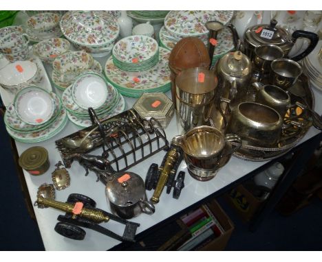 VARIOUS METALWARES, to include decanter labels, weights, hollowares, cased whisky flask etc