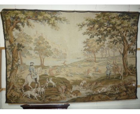 A TAPESTRY WALL HANGING, depicting hunting scene, approximate size height 176cm width 256cm