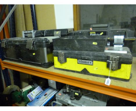 FOUR PLASTIC TOOLBOXES, including two Stanley and forge steel, some tools included