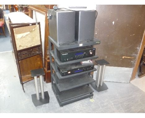 A CAMBRIDGE AUDIO TOPAZ SR10 STEREO RECEIVER, a Cambridge Audio topaz CD10 compact disc player on stand and a pair of Mordaun