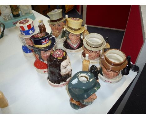 EIGHT VARIOUS ROYAL DOULTON LIQUOR CONTAINERS, 'John Bull', 'Mr Micawber' (Pickwick), 'Old Mr Turvey Drop', 'Rip Van Winkle',