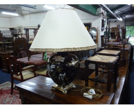 AN L. DRIMMER (FRENCH) BLACK FLORAL TABLE LAMP, and shade