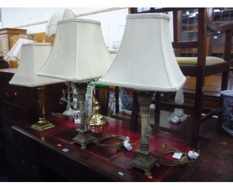 A PAIR OF TABLE LAMPS, with shades, two other table lamps with shades and a reading lamp (5)