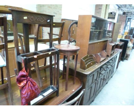 A TEAK GLAZED BOOKCASE, corner stick stand, plant stand etc (6)