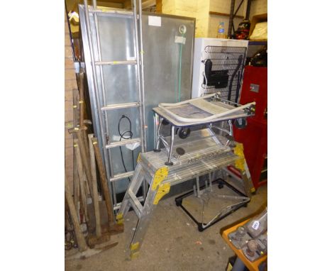 A SET OF ALUMINIUM LADDERS, work platform, caravan steps, ladder stand off, ramp and two trolleys