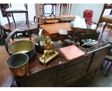 A QUANTITY OF METALWARE, including pots, scales, small fender and a quanitiy of EPNS cutlery