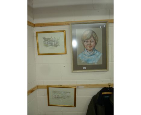 PELLANT (?), chalk portrait of young girl, together with two sporting prints (2)