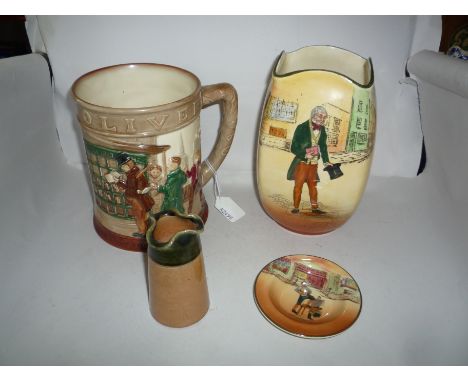 FOUR PIECES OF ROYAL DOULTON, to include a large 'Oliver Twist' tankard, a 'Tom Pinch' vase D5175, 'Sam Weller' trinket and a