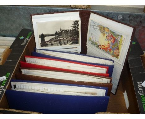 FIVE SLIP ALBUMS, containing a postcard collection, British and Foreign topographical, people, greetings etc, mainly early 20