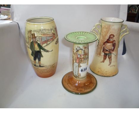 THREE PIECES OF ROYAL DOULTON DICKENS WARE, 'The Artful Dodger' candlestick, height approximately 16cm, 'Falstaff' vase and '