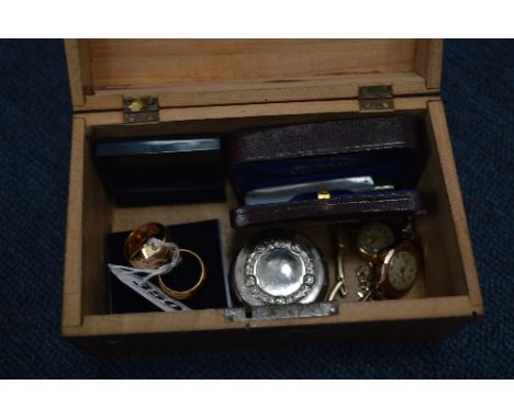 A SMALL MONEY CASKET, to contain a penknife, ladies watches, a trinket box and three rings