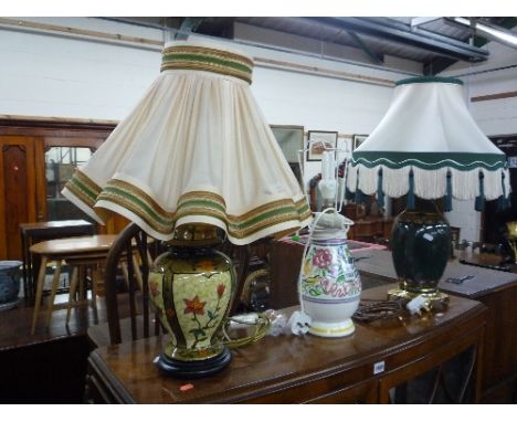 A POOLE POTTERY TABLE LAMP BASE, (no shade), floral Artet Decors table lamp with shade and a Carlos Remes crazed gold table l