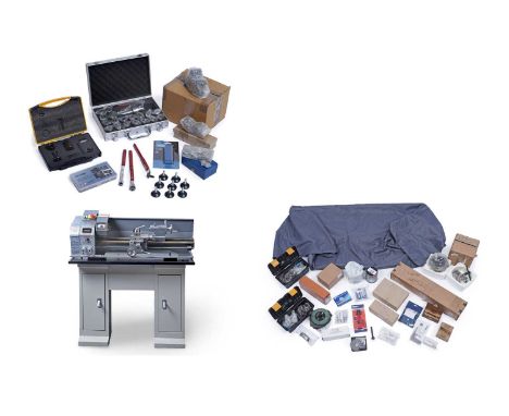 An MX-600A variable speed mini lathe, 220mm swing diameter, 1.1kW motor, on stand; together with a selection of accessories, 