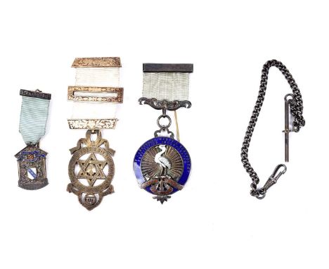 Three silver Masonic jewels, comprising: an East Lancashire Masonic Benevolent Institution Incorporated gilt silver and ename