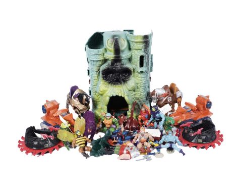 A large collection of vintage 1980's He-Man and Masters of the Universe figures, vehicles, and weapons by Mattel; 'Castle Gra