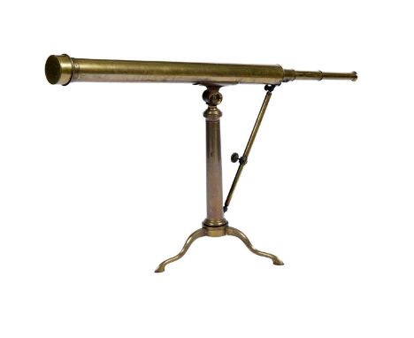 A Victorian brass tabletop celestial telescope, the extendable tube 146cms long at full length, on a turned brass column supp